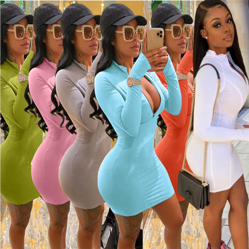 Pure Color Long Sleeve Front Zipper Bodycon Dress