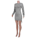 Sexy Gray Long Sleeve Knitted Drawstring Bodycon Dress