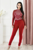 Red Lace Bodice Long Sleeve Mock Neck Jumpsuit