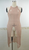 Ripped Holes Knitting Front Slit Halter Sexy Beach Dress
