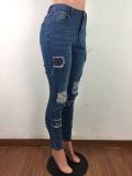 Blue High Waist Tight Ripped Patched Jeans