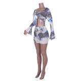 Sexy Print Tie Front Bell Sleeve Crop Top and Mini Skirt