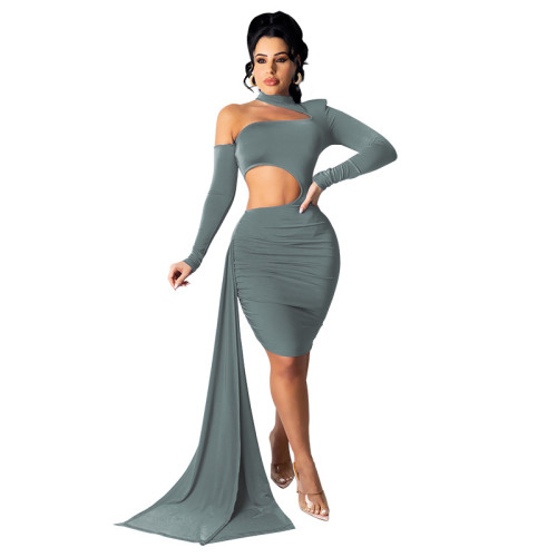 Sexy Gray Cutout Mock Neck Ruched Bodycon Dress