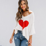 V-Neck Bat Sleeve Heart Print Loose Pullover Sweater