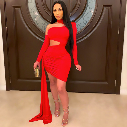 Sexy Red Cutout Mock Neck Ruched Bodycon Dress