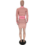Long Sleeve Plaid Zip Up Crop Top and Matching Mini Skirt Set