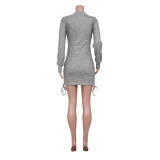 Sexy Gray Long Sleeve Knitted Drawstring Bodycon Dress
