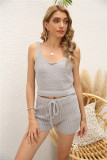 Solid Knitted Cropped Tank Top and Shorts Lounge Set