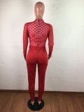 Red Lace Bodice Long Sleeve Mock Neck Jumpsuit