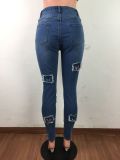 Blue High Waist Tight Ripped Patched Jeans