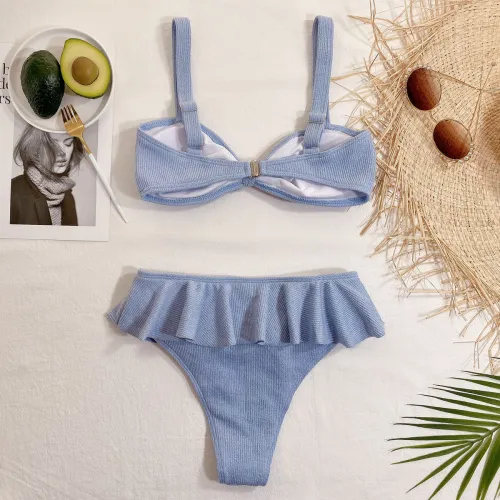 Solid Tie Front Ruffle Two Piece Swimwear
