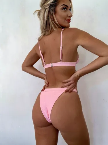 Plain Color Textured Thong Bikini Set