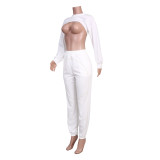 Stylish White Long Sleeve Shrug Top and Casual Pants Set