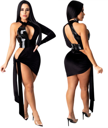 Black PU Leather Patchowrk Sexy Cutout Club Dress