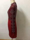 Red Mesh Rhinestone Bodice Long Sleeve Midi Dress