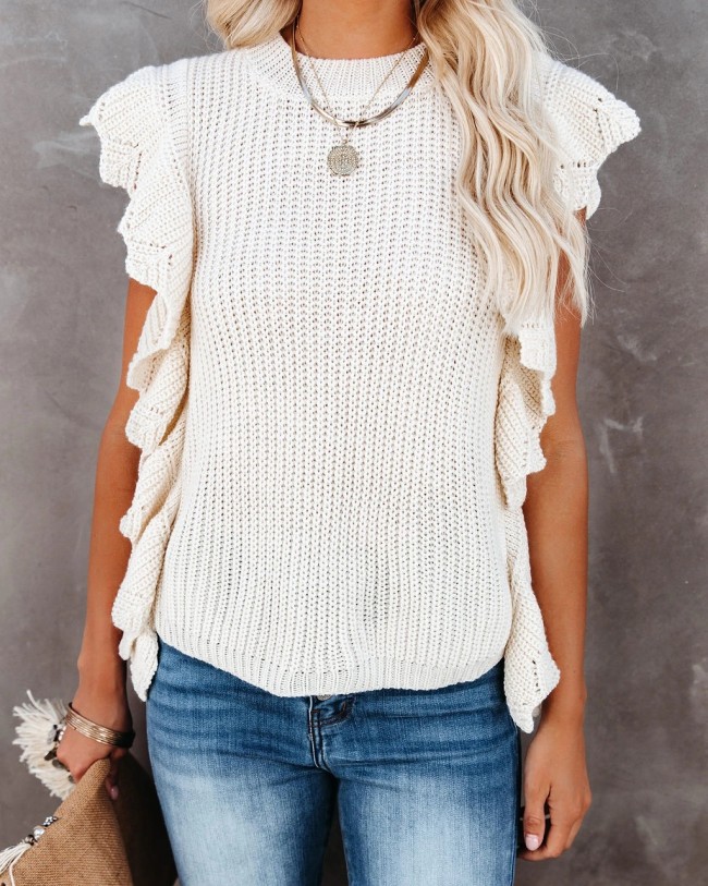 Casual O-Neck Ruffles Sleeveless Knit Top