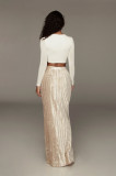 High Waisted High Slit Velvet Pleated Elegant Long Skirt