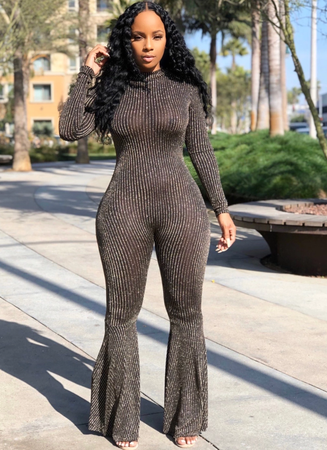 Fashion Long Sleeve Striped Glitter Flare Jumpsuit