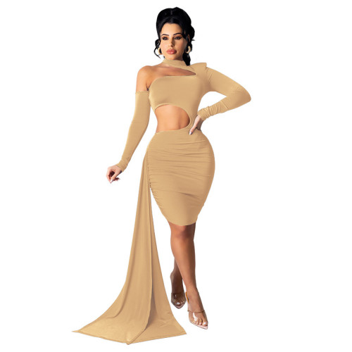 Sexy Beige Cutout Mock Neck Ruched Bodycon Dress