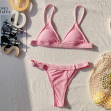 Plain Color Textured Thong Bikini Set