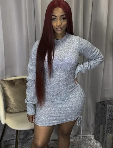 Sexy Gray Long Sleeve Knitted Drawstring Bodycon Dress