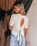 White Cut Out Tied Back Short Sleeve Cropped Knit Top
