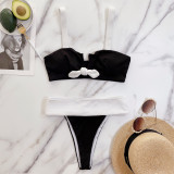 White and Black Bow Tie Thong Bikini Set