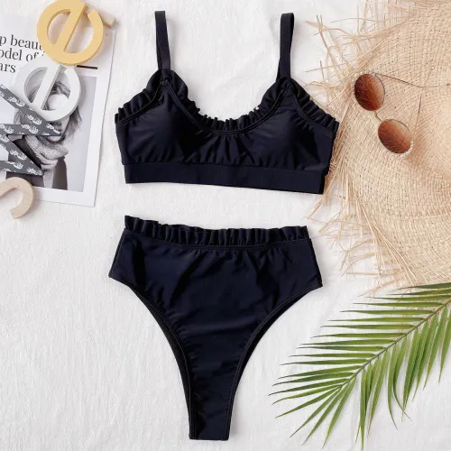 Black Frilled High Waist Two Piece Swimwear