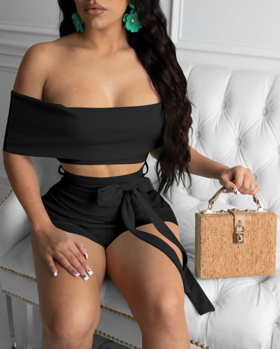Pure Color Off Shoulder Crop Top and Shorts Matching Set