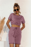 Plain Color Crop Top and Shorts Two Piece Lounge Set