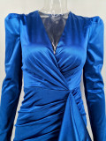 Blue Long Sleeve Wrap Party Dress