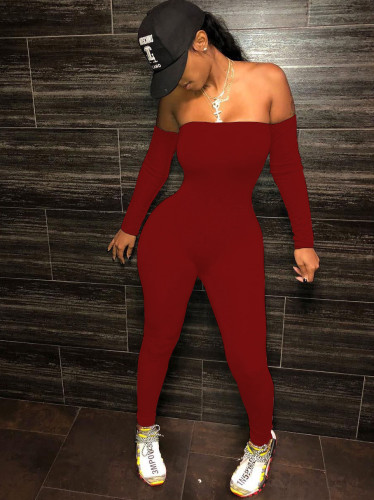 Red Off Shoulder Long Sleeve Bodycon Jumpsuit