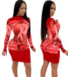 Character Print Sexy Long Sleeve Bodycon Club Dress