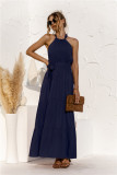 Plain Color Elegant Halter Tie Waist Long Dress