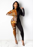 Contrast Sexy Leopard Long Sleeve Slinky Jumpsuit