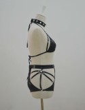 Black PU Leather Hollow Out Bra and Pantie Lingerie Set with Choker
