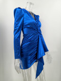 Blue Long Sleeve Wrap Party Dress