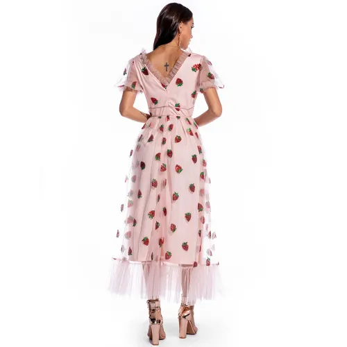 Pink Strawberry Print Maxi Party Dress