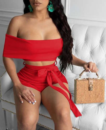 Pure Color Off Shoulder Crop Top and Shorts Matching Set