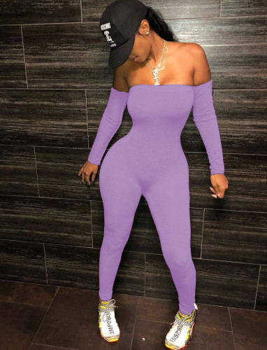 Purple Off Shoulder Long Sleeve Bodycon Jumpsuit