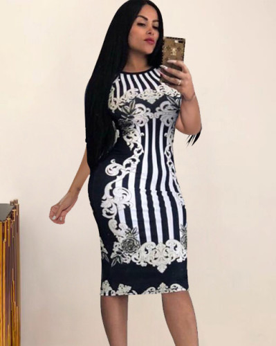 White and Black Print Sexy Bodycon Midi Dress