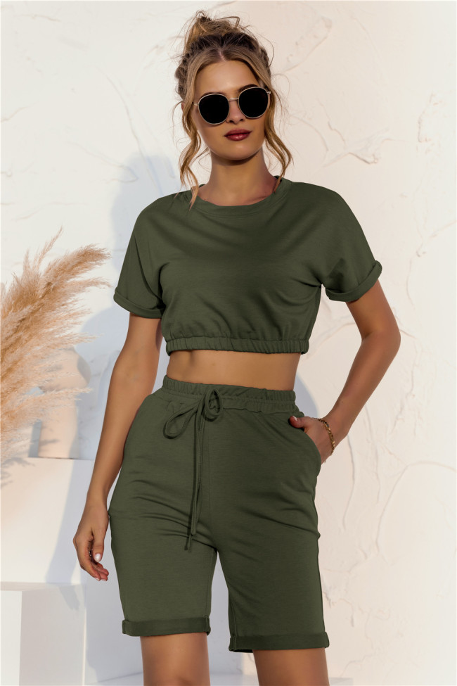 Plain Color Crop Top and Shorts Two Piece Lounge Set