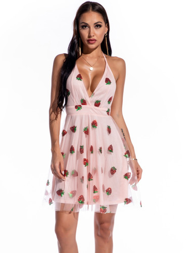 Pink Strawberry Halter Short Party Dress