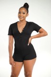 Button Up Solid Short Sleeve Fitted Rompers