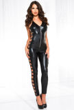 Black PU Leather Hollow Out Sleeveless Sexy Bodycon Jumpsuit