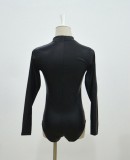 Black PU Leather Lace-Up Long Sleeve Teddies Lingerie