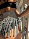 Sexy Tassel Rhinestone Lace Up Shiny High Waist Skirt