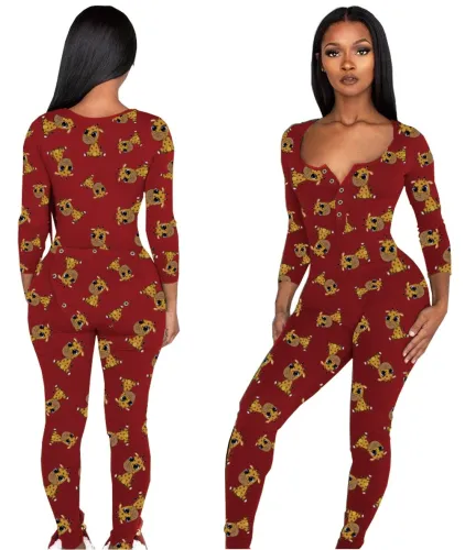 Sexy Print Long Sleeve Pajama Onesie with Butt Flap