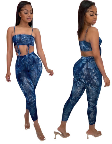 Tie Dye Blue Sexy Cami Crop Top and Pants Two Piece Outfits
