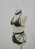Black PU Leather Hollow Out Bra and Pantie Lingerie Set with Choker
